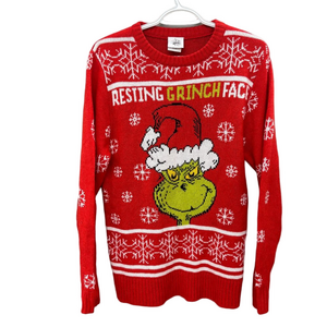 Ugly Christmas Sweater Dr. Seuss Resting Grinch Face Snowflake Unixex Small